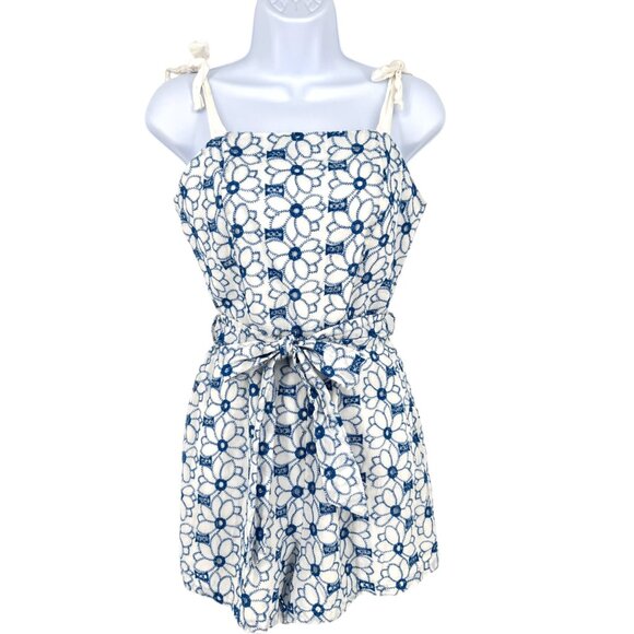 Miami Eyelet Blue White Floral Lace Tie-Strap Romper Size Medium - Picture 13 of 15